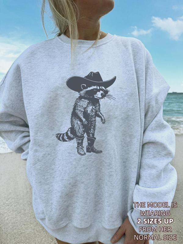 Women's Raccoon Print Crew Neck Sweatshirt, Casual Loose Long Sleeve Pullover for Fall & Winter, Women's Clothes for Daily Wear