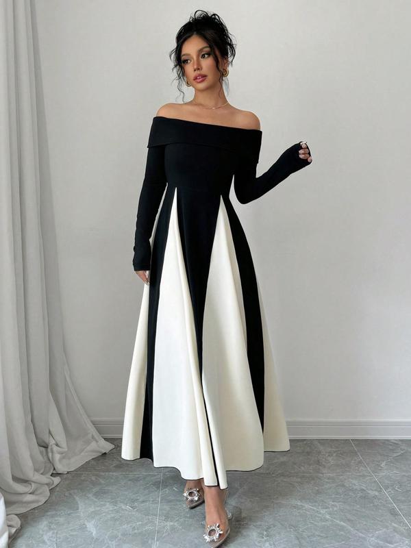 Women's Colorblock Off Shoulder Long Sleeve Dress, Elegant A Line Dress for Party Holiday Wedding Guest, Ladies Spring & Fall Clothes