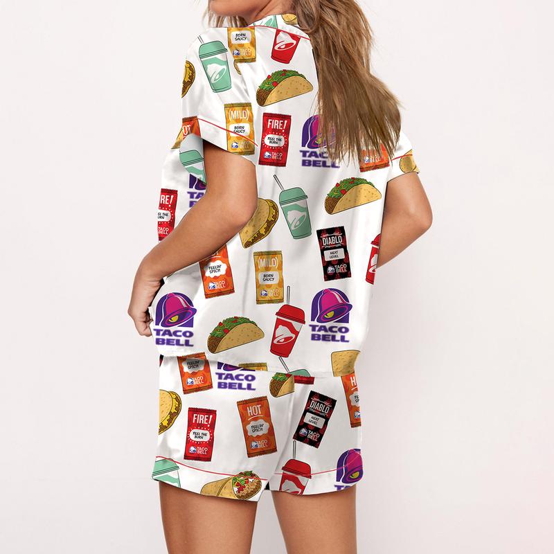 Taco Bell Pajama Set For Women Print Comfy Satin Sleepwear & Loungewear Pjs Short Sleeve Top & Bottoms Shorts Without Pockets - SHESHOW