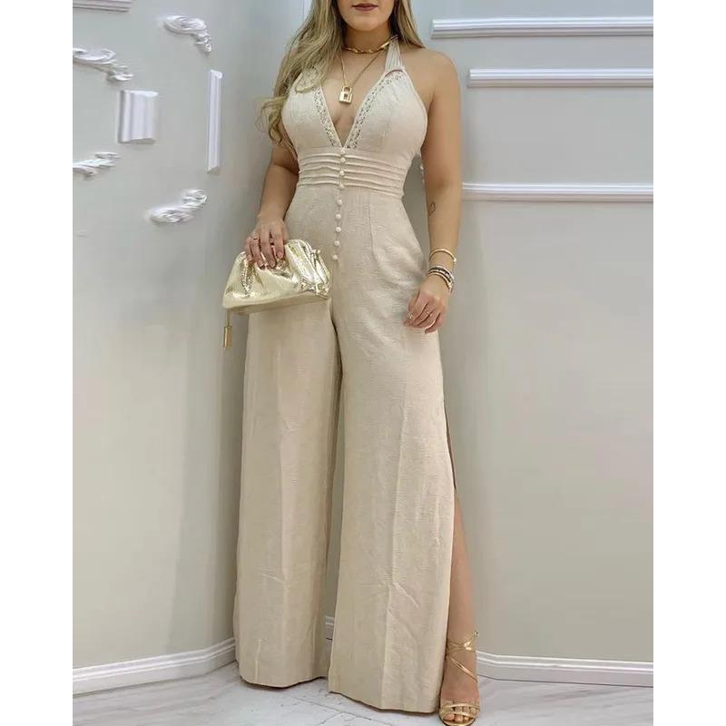 Women Jumpsuits Lace Trim Buttoned Backless Sitt Jumpsuit Jumpsuit