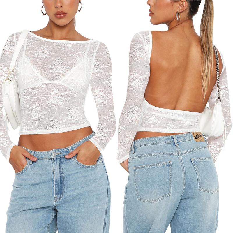 Women´s Summer Sheer Crop Tops Long Sleeve Open Back Lace Floral Slim Going Out Tops White Black Halloween 2024 Costume