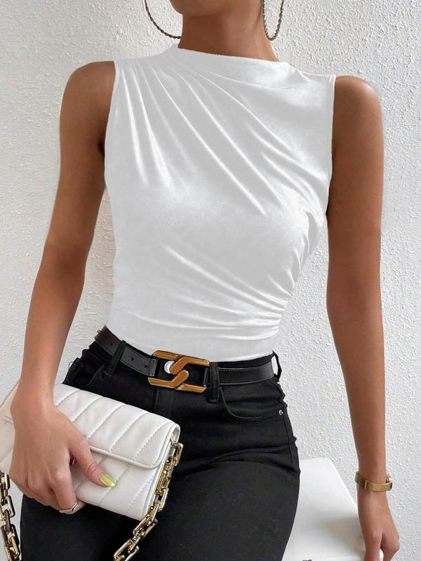 Women's Plain Ruched Mock Neck Crop Tank Top, Summer Clothes Women, Casual Sleeveless Cropped Top for Summer, Ladies Clothes for Daily Wear