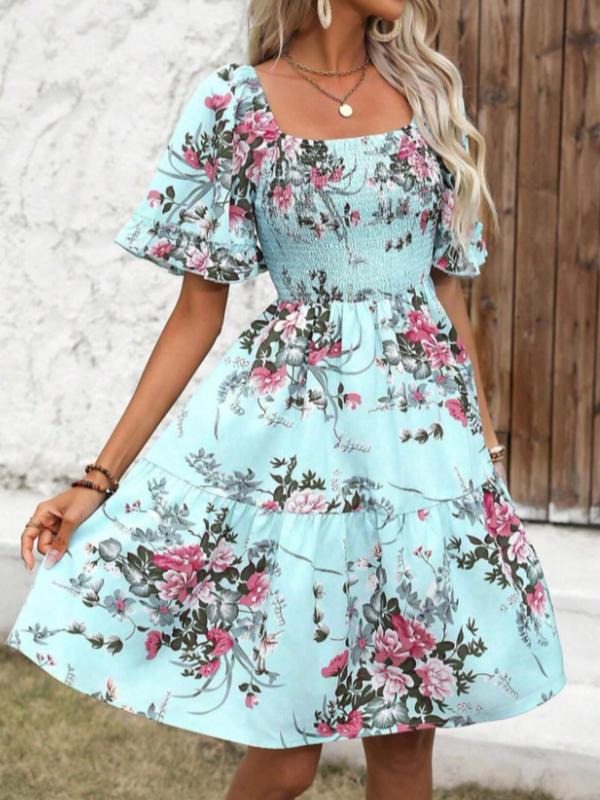 Women's Floral Print Ruffle Hem Vintage Dress, Boho Flounce Sleeve Shirred A Line Dress, Summer Dresses, Homecoming Dresses, Ladies Clothes for Beach Holiday Wedding Guest Fall Wedding Guest Dress