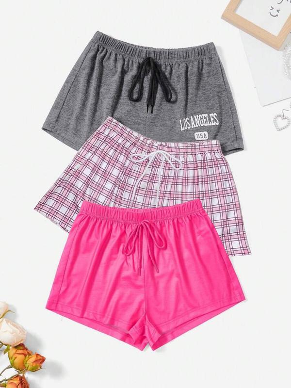 Women's Plain Plaid Letter Print Tie Front Pajama Shorts, Casual Comfy Elastic Waist Shorts for Daily Wear, Ladies Sleepwear for All Seasons