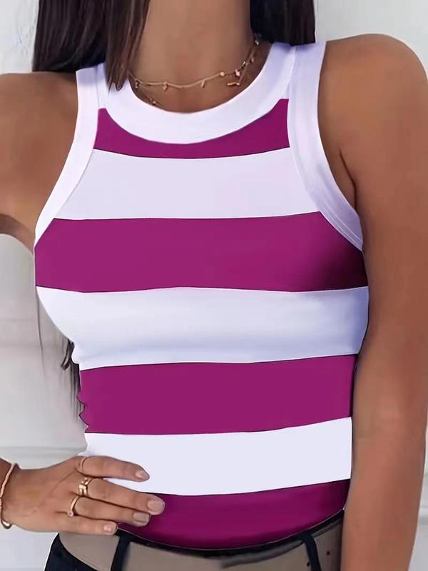 Women's Colorblock Striped Print Tank Top, Casual Sleeveless Round Neck Top, Ladies Summer Back To School Clothes for Daily Wear