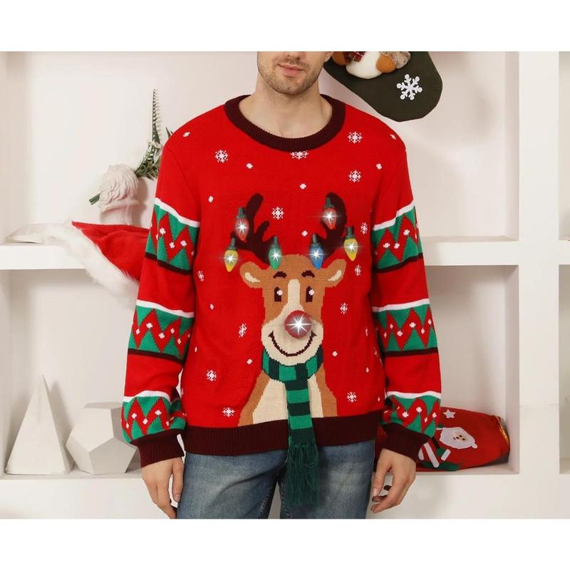 Women's Light Up Ugly Christmas Sweater with Light Bulb Reindeer Christmas Ugly Sweater Christmas Moose Knit Men's and Women's Couples Red Black