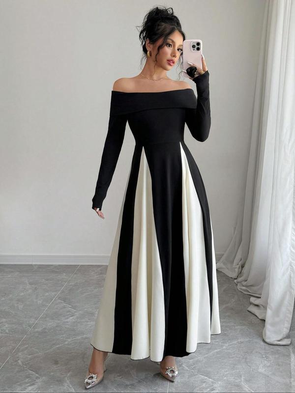 Women's Colorblock Off Shoulder A Line Dress, Elegant Long Sleeve Dress for Party Holiday Wedding Guest, Ladies Spring & Fall Clothes