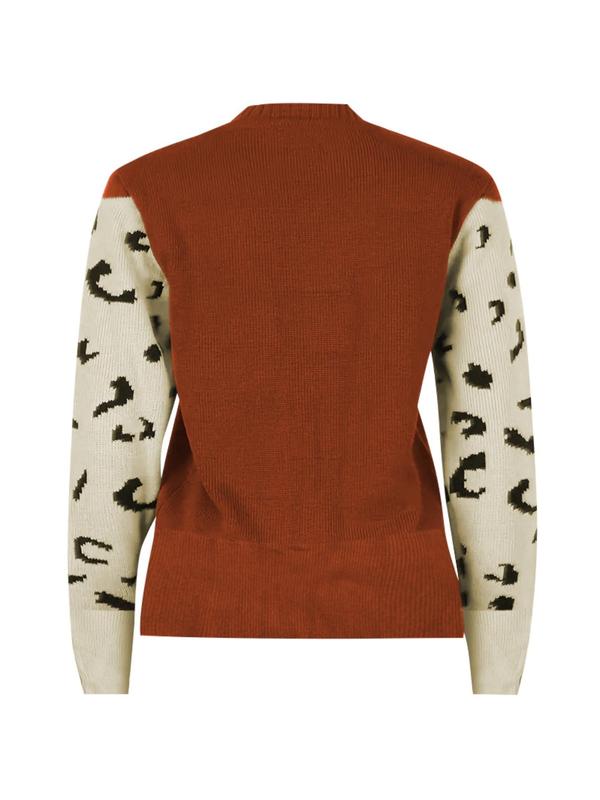 Women's Leopard Print Drop Shoulder Sweater, Casual Long Sleeve Round Neck Jumper for Fall & Winter, Fashion Ladies' Knitwear for Daily Wear for Christmas