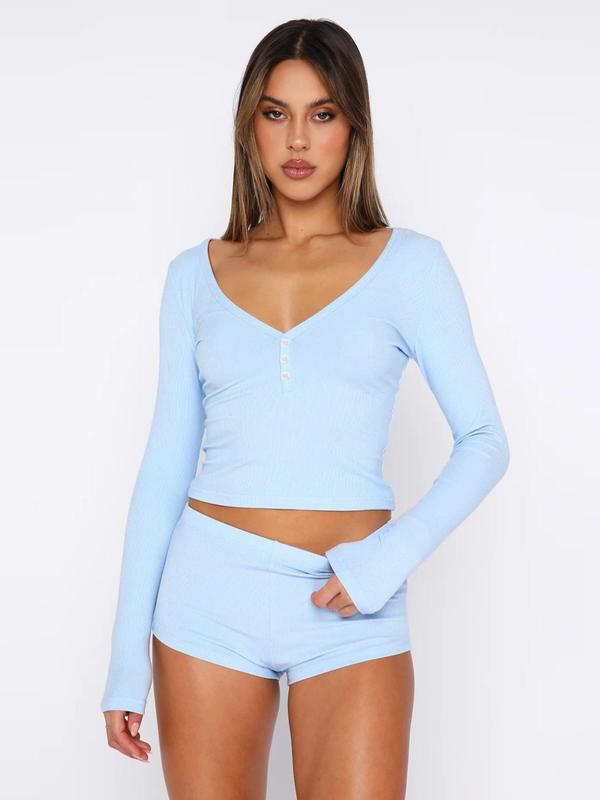 Two-Piece Set Women's Solid Long Sleeve Crop Top & High Waist Shorts Set, Fall Clothes, Comfort Basic Casual Button Front V Neck Top & Shorts Two-piece Set for Spring & Fall, Women's Two-piece Outfits, Fall Outfits, Fallfreshness, Fall Gift