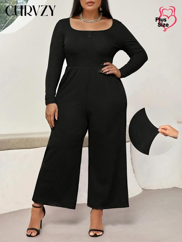 CURVZY Plus Size Solid Square Neck Wide Leg Jumpsuit, Casual Long Sleeve Jumpsuit for Fall & Winter, Women's Clothes for Daily Wear