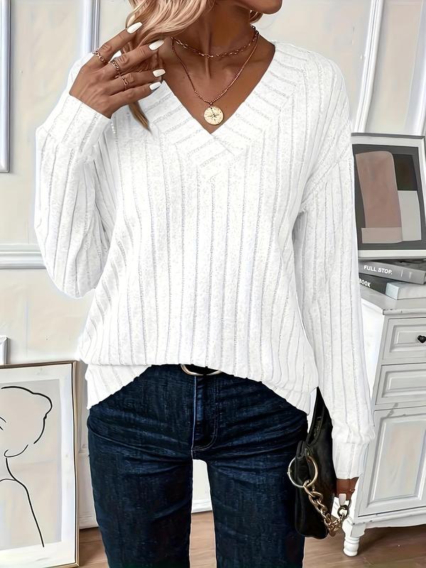  Solid Drop Shoulder Ribbed Sweater, Casual Long Sleeve V Neck Jumper for Fall & Winter, Women's Clothing for Daily Wear