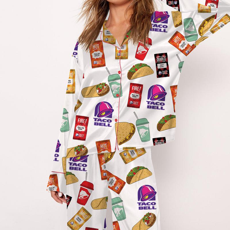 Taco Bell Pajama Set For Women Print Comfy Satin Sleepwear & Loungewear Pjs Short Sleeve Top & Bottoms Shorts Without Pockets - SHESHOW