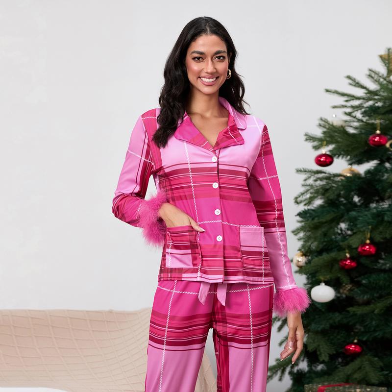 Christmas mother and daughter pajama set long-sleeved lapel shirt + Christmas elastic waist pants 2-piece set Long Sleeve Womenswear