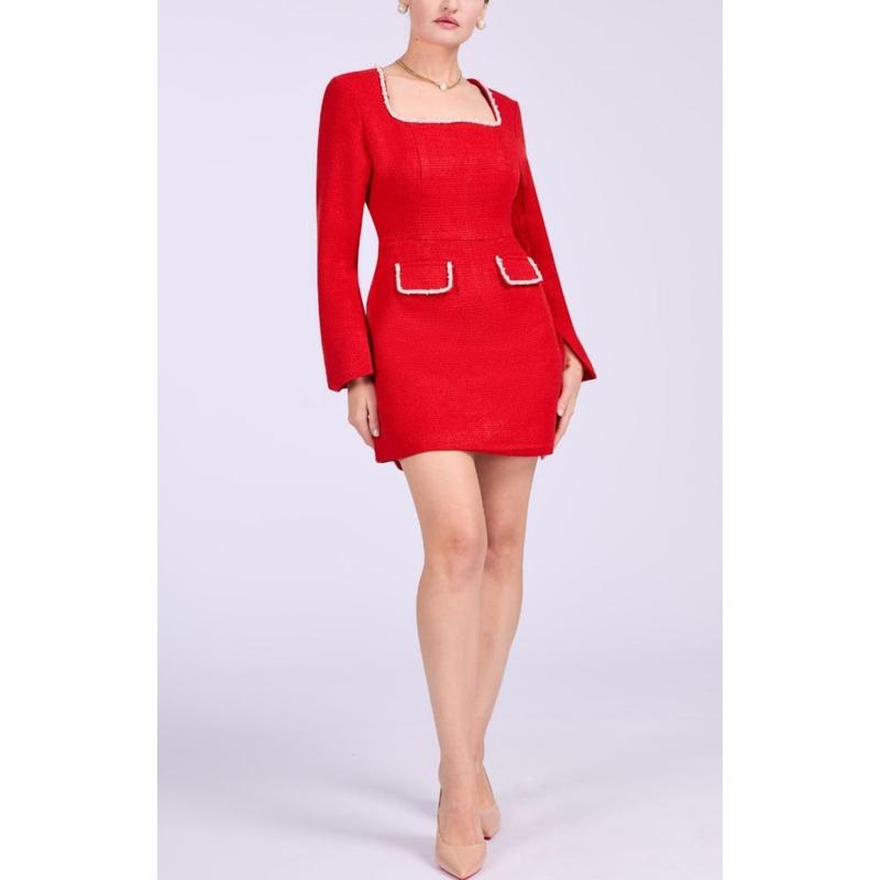 Women's Tweed Mini Dress Elegant Square Neck Long Sleeve High Waist A-Line Party One-piece Slim Short Dress Temperament Slim Slim U Neck Long Sleeve Beaded Little Fragrance Dress