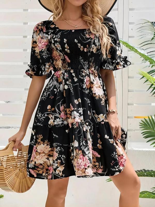 Women's Floral Print Ruffle Hem Vintage Dress, Boho Flounce Sleeve Shirred A Line Dress, Summer Dresses, Homecoming Dresses, Ladies Clothes for Beach Holiday Wedding Guest Fall Wedding Guest Dress