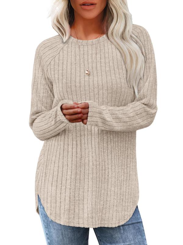 Women's Plain Raglan Sleeve  Curved Hem Ribbed Tee, Casual Long Sleeve Round Neck T-shirt  for Fall & Winter, Women's Knitwear for Daily Wear