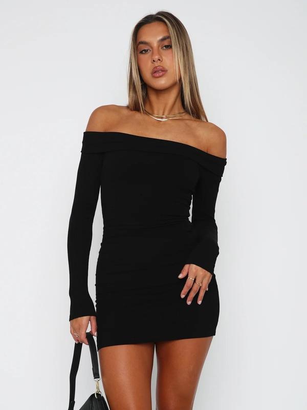 Women's Solid Off Shoulder Ribbed Bodycon Dress, Elegant Fashion Long Sleeve Mini Dress for Party Club Dating Wear, Women Dress for Fall & Winter