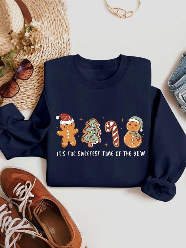 Women's Christmas Themed Cartoon Gingerbread Print Crew Neck Sweatshirt, Casual Letter Print Long Sleeve Pullover for Daily Wear, Ladies Fall & Winter Clothes