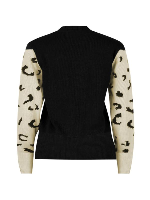 Women's Leopard Print Drop Shoulder Sweater, Casual Long Sleeve Round Neck Jumper for Fall & Winter, Fashion Ladies' Knitwear for Daily Wear for Christmas