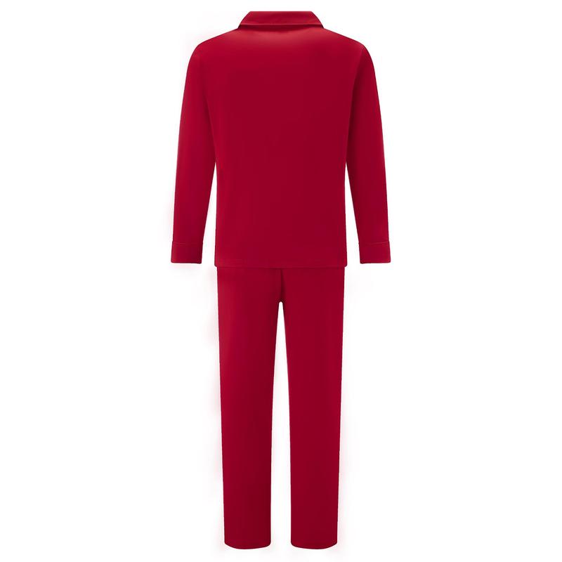 New Red Christmas Pajamas For Family Lapel Neck Button-up Long Sleeve Tops Long Pants 2-Piece Bow Solid Color Loungewear Outfit