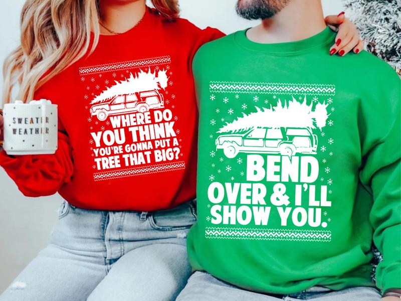 Bend Over and I'll Show You Christmas Couple Matching T-Shirt, Griswold Family Shirt, Cute Christmas Tree T-Shirt, Christmas Vacation Shirt