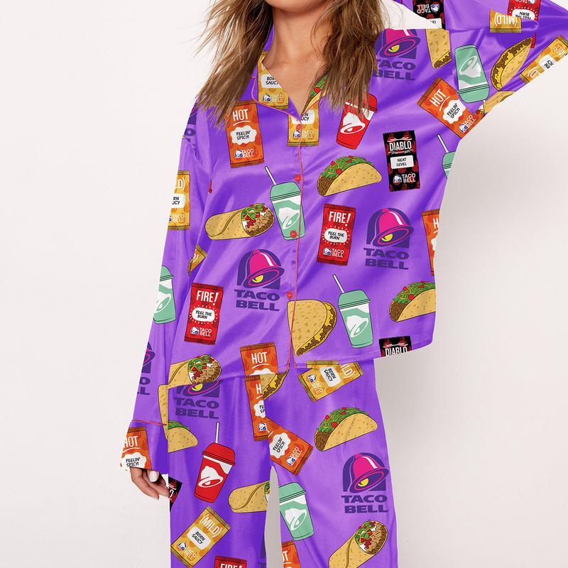 Taco Bell Pajama Set For Women Print Comfy Satin Sleepwear & Loungewear Pjs Short Sleeve Top & Bottoms Shorts Without Pockets - SHESHOW