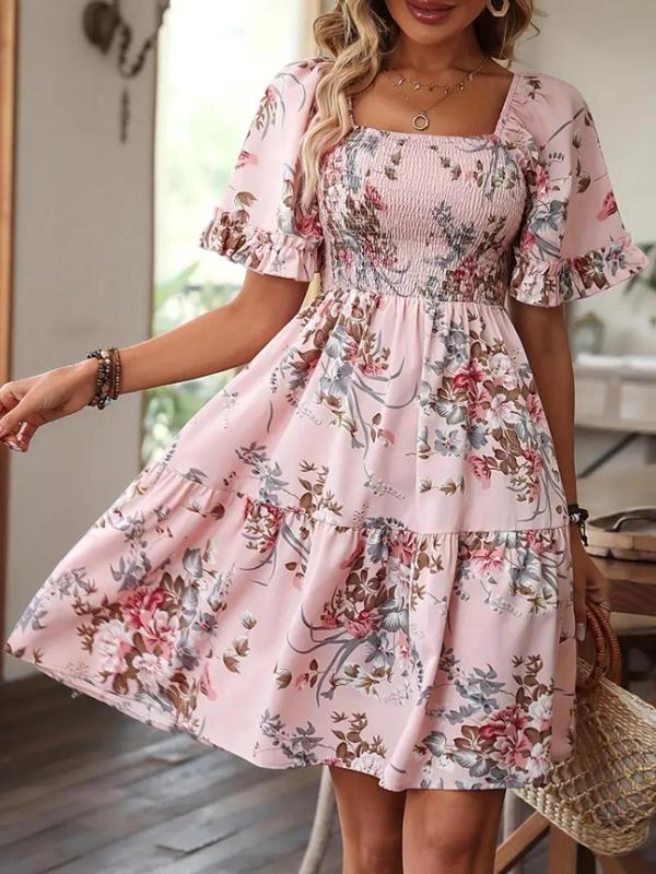 Women's Floral Print Ruffle Hem Vintage Dress, Boho Flounce Sleeve Shirred A Line Dress, Summer Dresses, Homecoming Dresses, Ladies Clothes for Beach Holiday Wedding Guest Fall Wedding Guest Dress