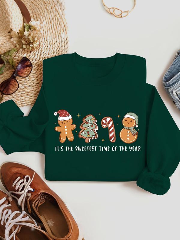 Women's Christmas Themed Cartoon Gingerbread Print Crew Neck Sweatshirt, Casual Letter Print Long Sleeve Pullover for Daily Wear, Ladies Fall & Winter Clothes