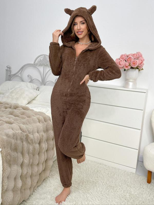 Women's Solid Zip Up Hooded Fuzzy Onesie, Casual Long Sleeve Flannel Jumpsuit for Fall & Winter, Women's Sleepwear for Indoor Wear Onesies Pajama, Jumpsuit for Women