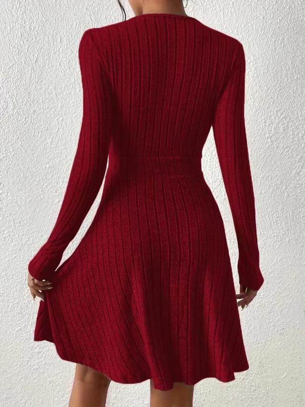 Plus Plain Wrap Deep V Neck Ribbed A Line Dress, Women's Elegant Long Sleeve Dress For Daily Commute Office Wear, Women Plus Clothing For Fall & Winter