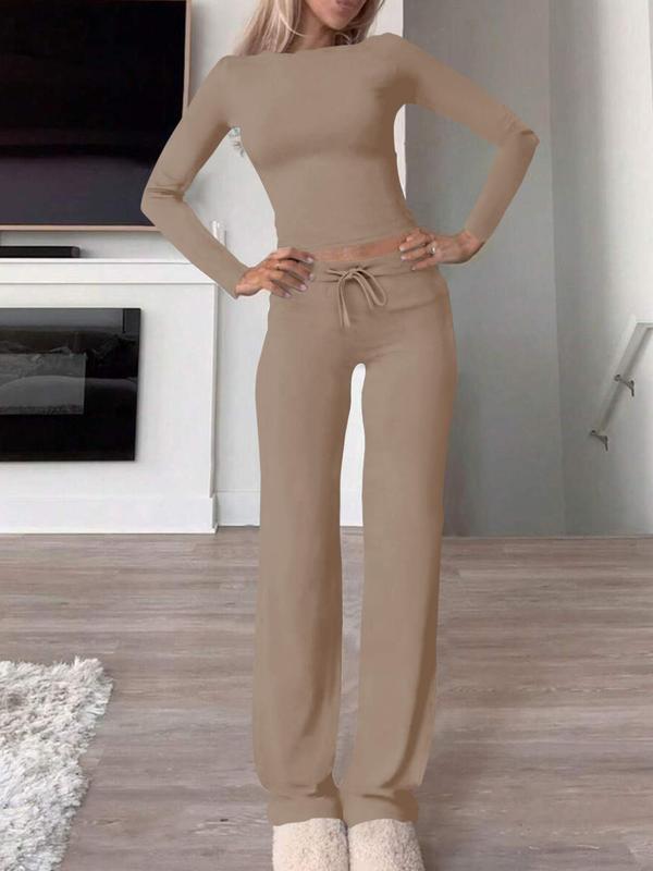 Women's Solid Drawstring Lounge Set, Casual Long Sleeve Round Neck Top & Pants Loungewear Set, Ladies Sleepwear for Spring & Fall