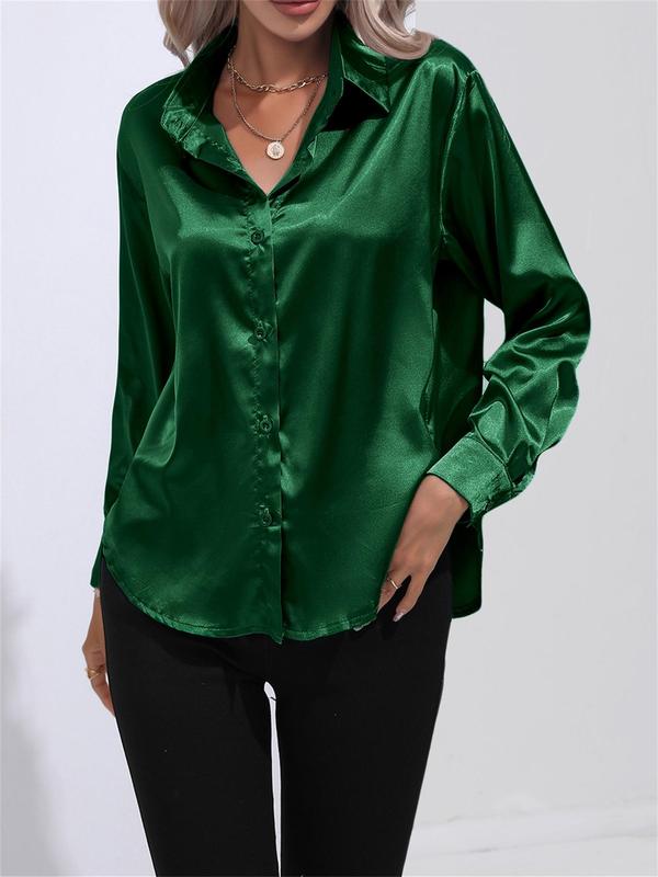 Women's Plain Button Front Satin Shirt, Elegant Long Sleeve Collared Top for Work Office Business, Ladies Clothes for All Seasons