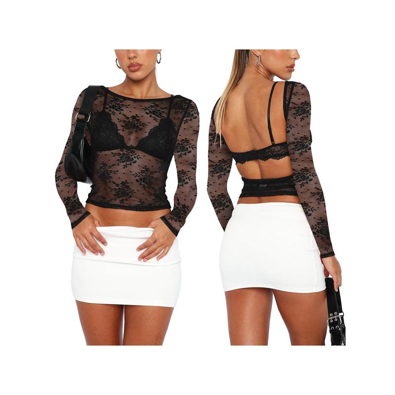 Women´s Summer Sheer Crop Tops Long Sleeve Open Back Lace Floral Slim Going Out Tops White Black Halloween 2024 Costume