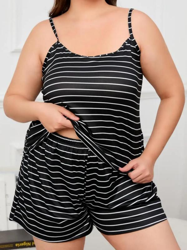 Plus Size Striped Print Pyjama Set, Casual Comfy Cami Top & Elastic Waist Shorts for Women, Women's Sleepwear for Summer, Plus Size Women's Clothing