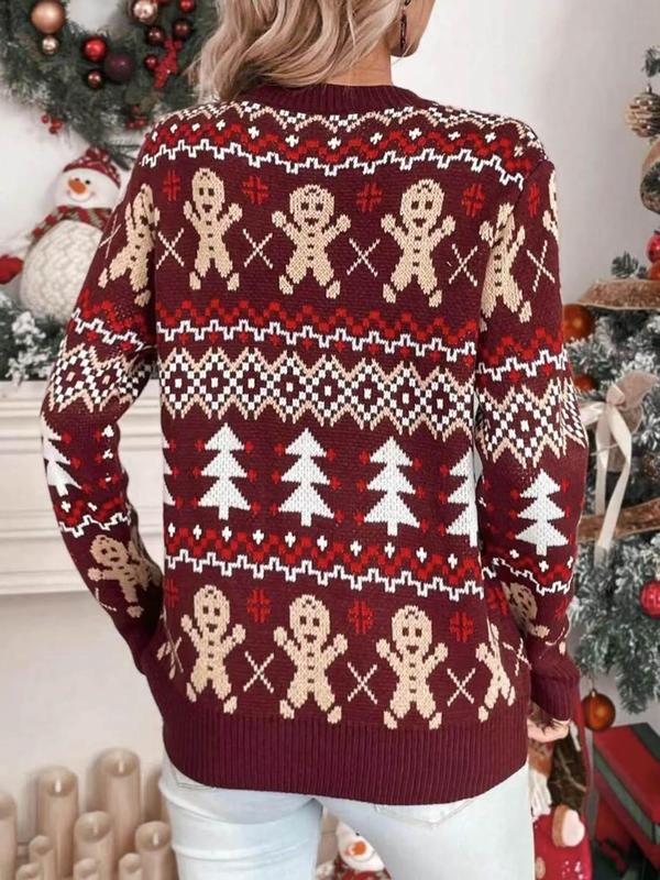 Women's All Over Christmas Print Round Neck Sweater, Casual Long Sleeve Crew Neck Jumper for Fall & Winter, Fashion Ladies' Knitwear for Daily Wear