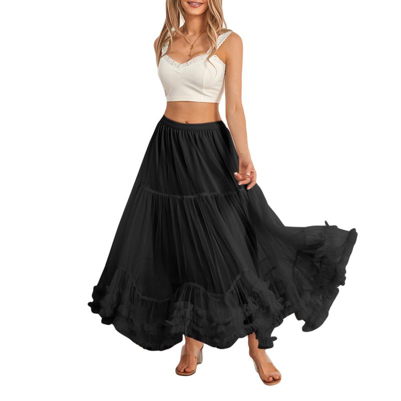 Women’s Tulle Long Skirts Elastic High Waist Ruffle Hem Tutu Skirts Fluffy A-line Midi Skirts Fabric Light Womenswear Bottom