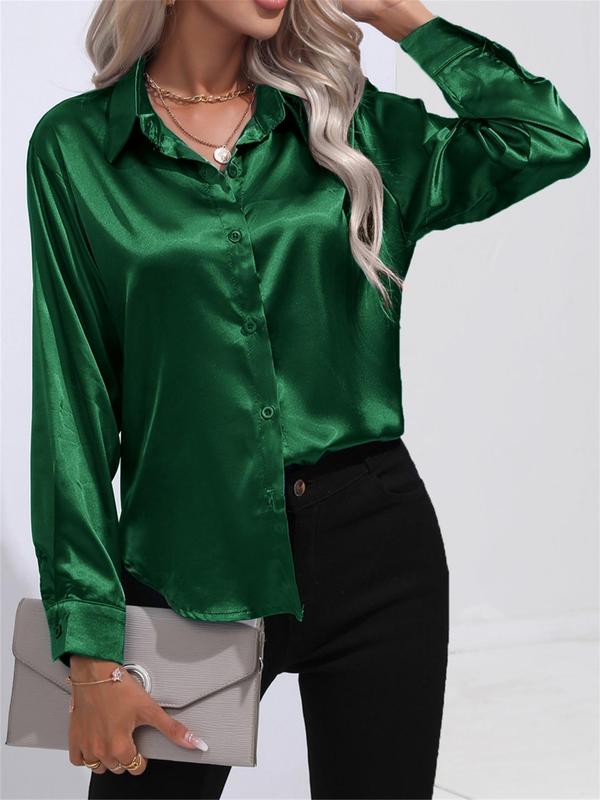 Women's Plain Button Front Satin Shirt, Elegant Long Sleeve Collared Top for Work Office Business, Ladies Clothes for All Seasons