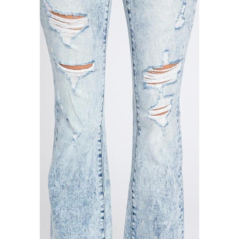 Woman's Acid Wash Distressed Mid Rise Boot Cut Jeans