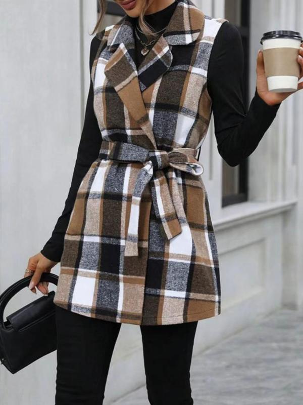 Women's Plaid Print Belted V Neck Waistcoat, Casual Fashion Comfy Gilet Coat for Daily Outdoor Wear, Women Clothes for Fall, Lady Fitted Vest Coat Womenswear, Back To School Outfit for, Halloween, Halloween Costume Tops