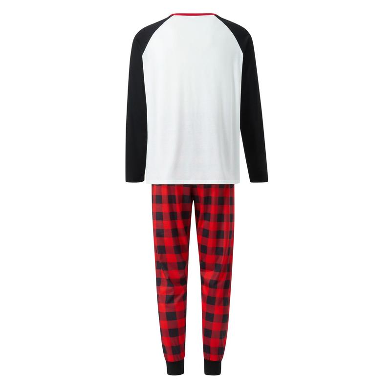 Christmas Pajamas for Family, Long Sleeve Elk Letter Print T-Shirt + Plaid Pants Set