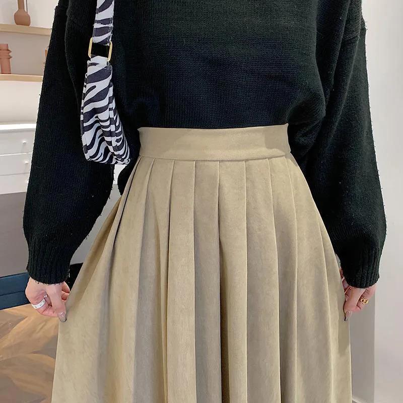 Fall Winter Women's Pleated Skirts Vintage High Waist Corduroy Long Skirt Woman Streetwear Simple All-match A-line Midi Skirts