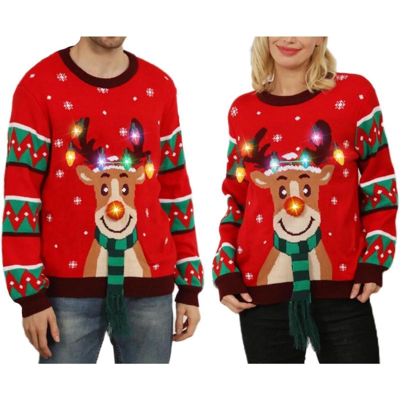 Women's Light Up Ugly Christmas Sweater with Light Bulb Reindeer Christmas Ugly Sweater Christmas Moose Knit Men's and Women's Couples Red Black