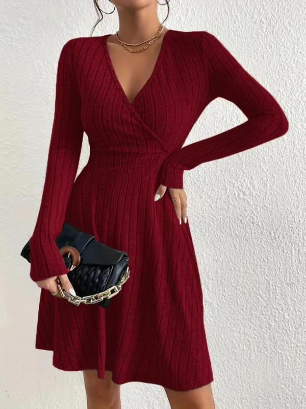 Plus Plain Wrap Deep V Neck Ribbed A Line Dress, Women's Elegant Long Sleeve Dress For Daily Commute Office Wear, Women Plus Clothing For Fall & Winter