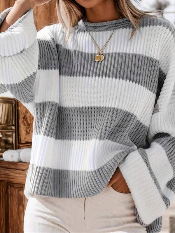 Women's Colorblock Striped Print Drop Shoulder Sweater, Fall Outfits, Casual Long Sleeve Round Neck Jumper for Fall, Fashion Ladies' Knitwear for Daily Wear, Preppy 80s Clothes