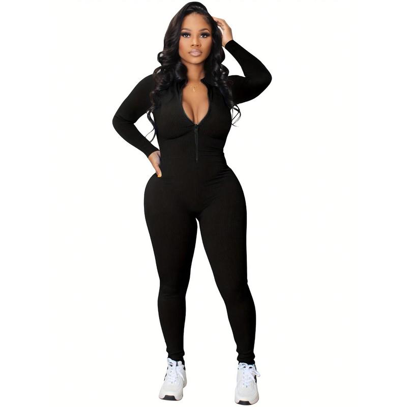 Ladies' Long Sleeve Elastic Unitards For Summer bodycon bodysuit womenswear collar solid long Women's Sexy