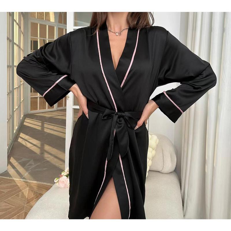 Household Women's Pajamas Women's Emulation Silk Nightgown V-neck Bathrobe Homewear