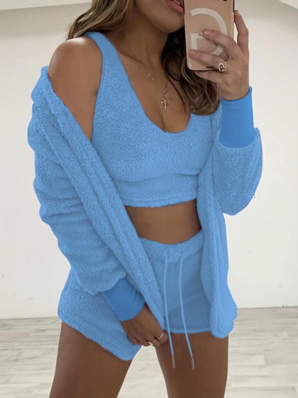 Women's Solid Drop Shoulder Hoodie Outwear & Crop Tank Top &drawstring Waist Shorts Plush Fluffy Pajamas Set, Nightwear Sets, Casual Comfy Three-piece Sleepwear Set for Women, Women's Lounge Set for Winter, Fluffy Pajamas