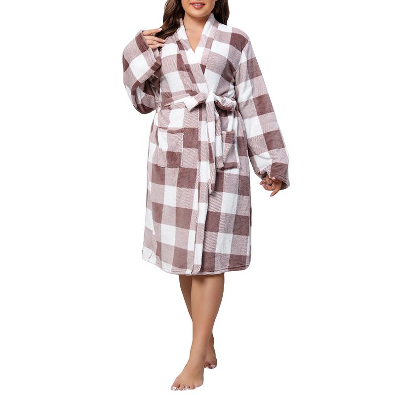 Women Flannel Bathrobe Plus Size Warm Long Sleeve Spa Night Kimono Robe with Belt for Soft Pajama Outfit la perla  loungewear Nightwear Womenswear Bathing Bridal