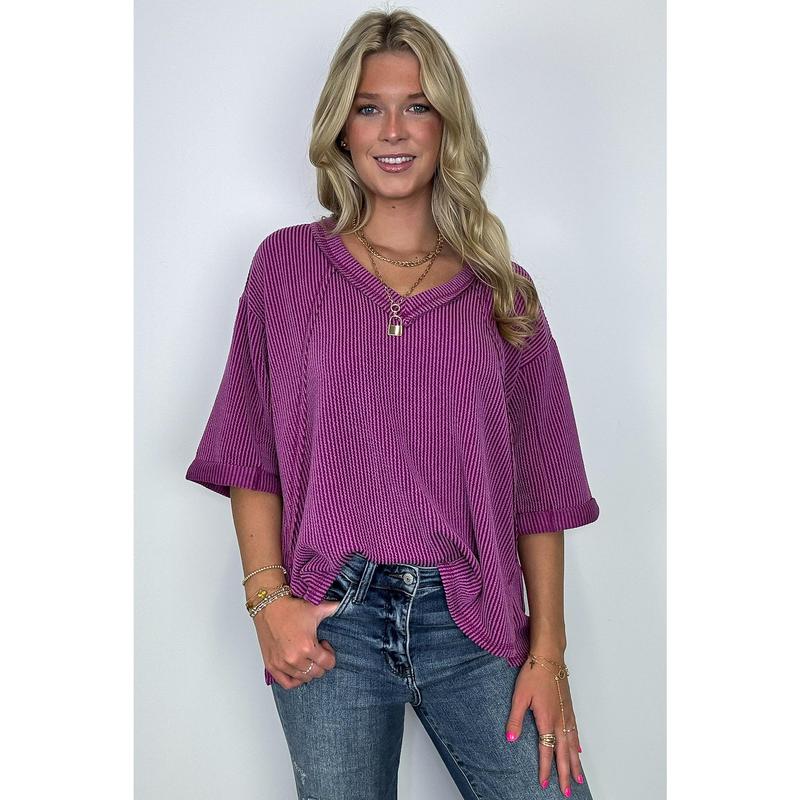 Relaxed Rhythm Corded Rib V-Neck Top - FINAL SALE