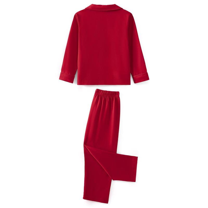 New Red Christmas Pajamas For Family Lapel Neck Button-up Long Sleeve Tops Long Pants 2-Piece Bow Solid Color Loungewear Outfit